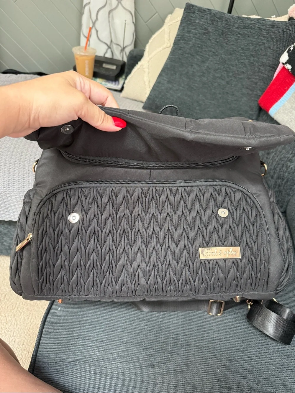 Hannah & Sophia Black Quilted Diaper Bag Backpack Black and Gold